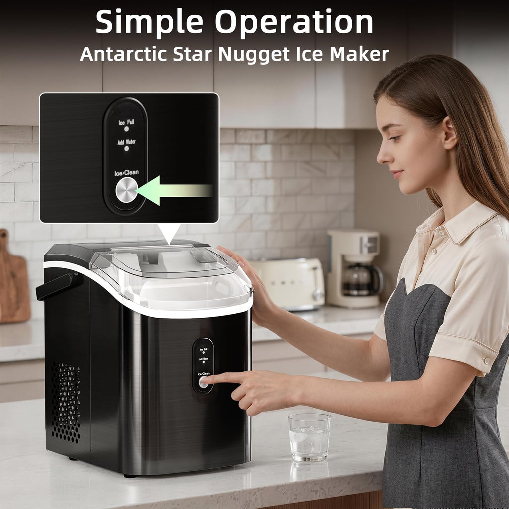 Antarctic Star Nugget Ice Maker Countertop, 35lbs/24H Ice Machine, Soft Chewable Sonic Ice, Self-Cleaning, Fast Ice Ready in 8 Minutes, Compact Design with Handle, Stainless Steel Black