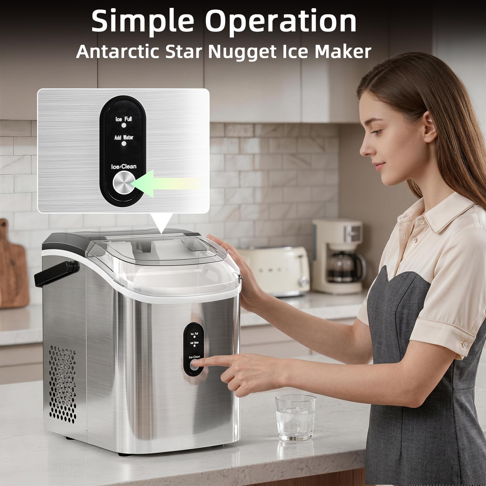 Antarctic Star Nugget Ice Maker Countertop, 35lbs/24H Ice Machine, Soft Chewable Sonic Ice, Self-Cleaning, Fast Ice Ready in 8 Minutes, Compact Design with Handle, Stainless Steel Black
