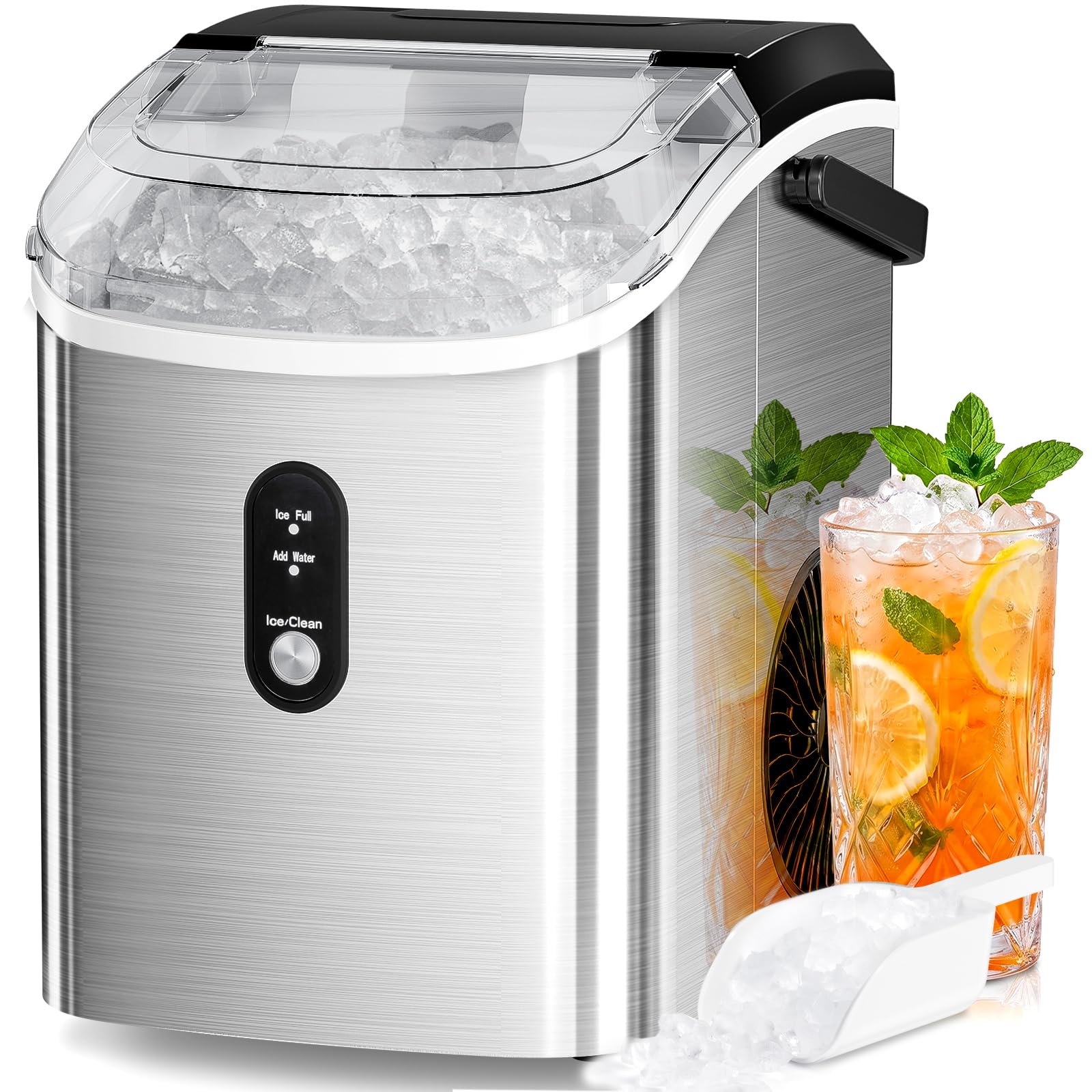 Antarctic Star Nugget Ice Maker Countertop, 35lbs/24H Ice Machine, Soft Chewable Sonic Ice, Self-Cleaning, Fast Ice Ready in 8 Minutes, Compact Design with Handle, Stainless Steel Black