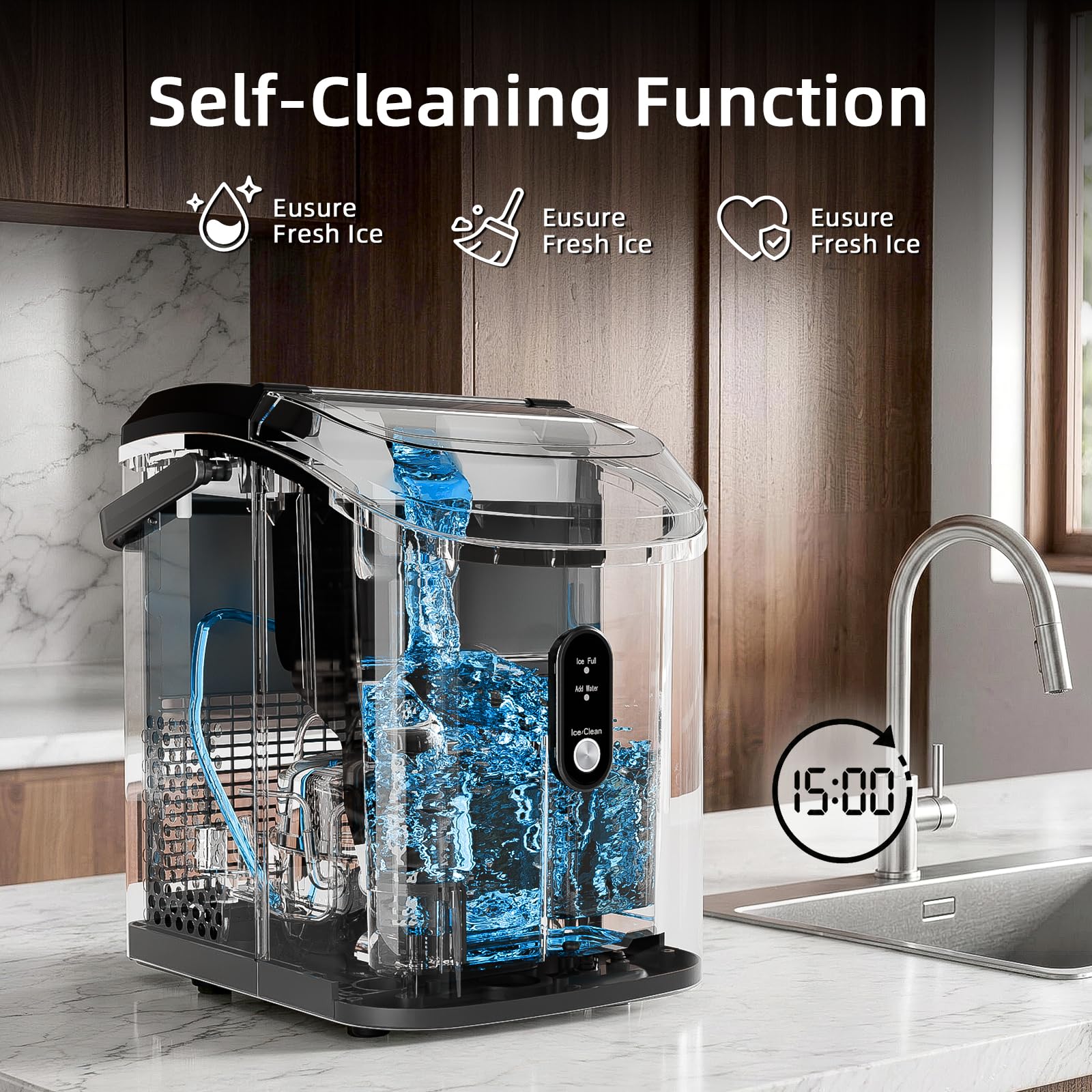 Antarctic Star Nugget Ice Maker Countertop, 35lbs/24H Ice Machine, Soft Chewable Sonic Ice, Self-Cleaning, Fast Ice Ready in 8 Minutes, Compact Design with Handle, Stainless Steel Black