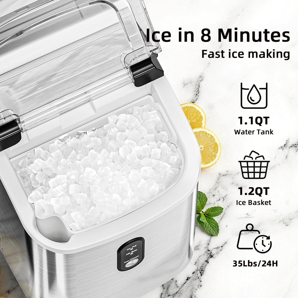 Antarctic Star Nugget Ice Maker Countertop, 35lbs/24H Ice Machine, Soft Chewable Sonic Ice, Self-Cleaning, Fast Ice Ready in 8 Minutes, Compact Design with Handle, Stainless Steel Black