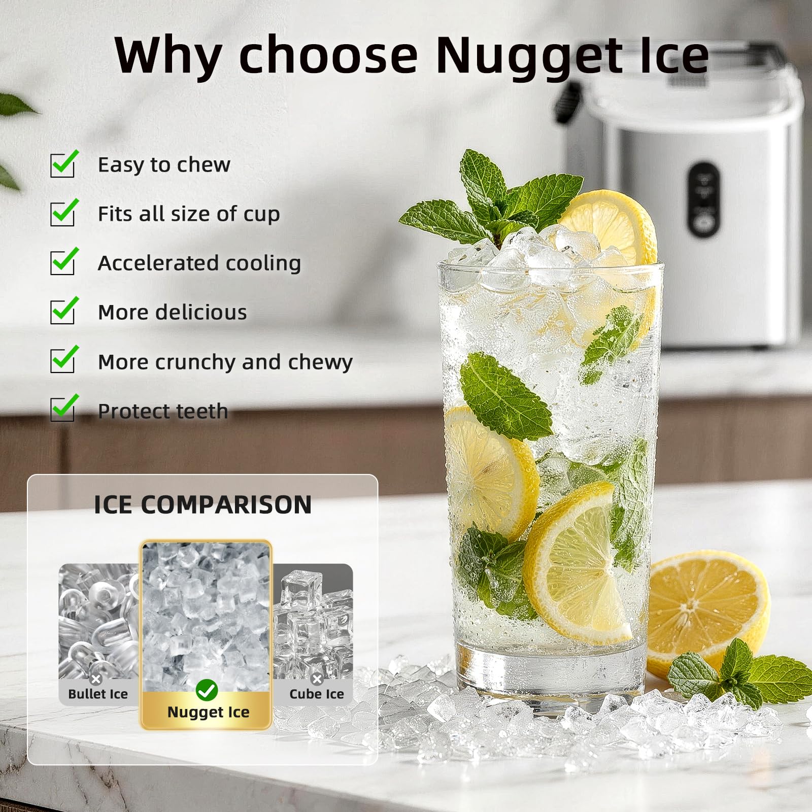 Antarctic Star Nugget Ice Maker Countertop, 35lbs/24H Ice Machine, Soft Chewable Sonic Ice, Self-Cleaning, Fast Ice Ready in 8 Minutes, Compact Design with Handle, Stainless Steel Black