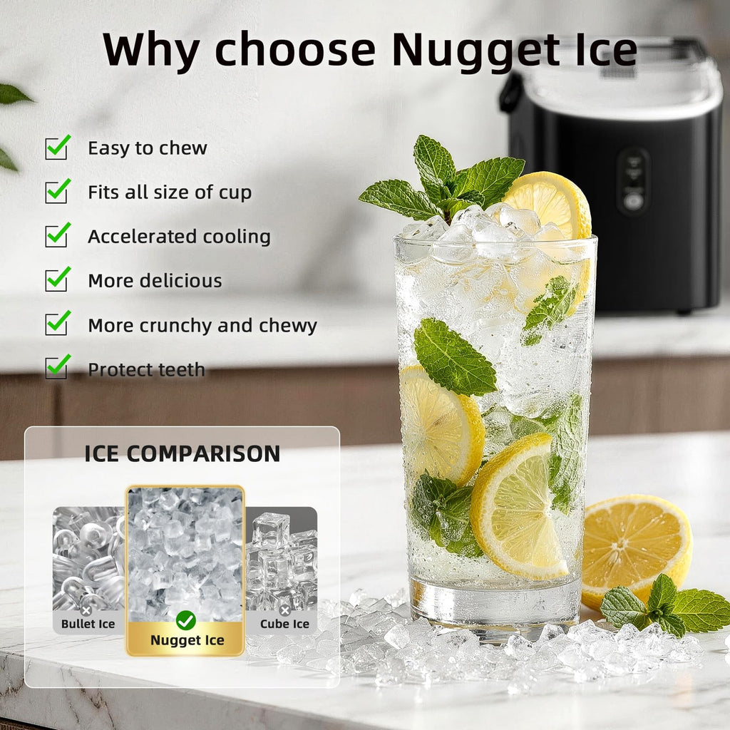 Antarctic Star Nugget Ice Maker Countertop, 35lbs/24H Ice Machine, Soft Chewable Sonic Ice, Self-Cleaning, Fast Ice Ready in 8 Minutes, Compact Design with Handle, Stainless Steel Black