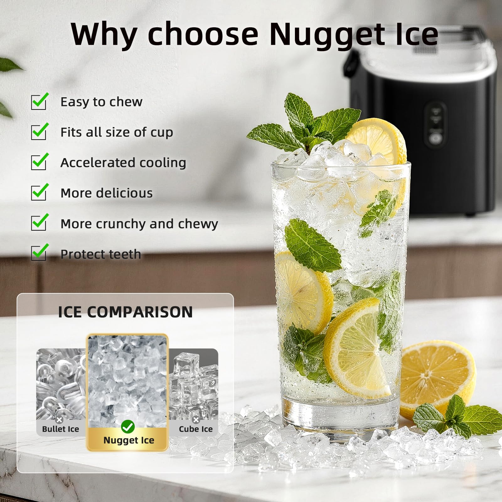 Antarctic Star Nugget Ice Maker Countertop, 35lbs/24H Ice Machine, Soft Chewable Sonic Ice, Self-Cleaning, Fast Ice Ready in 8 Minutes, Compact Design with Handle, Stainless Steel Black