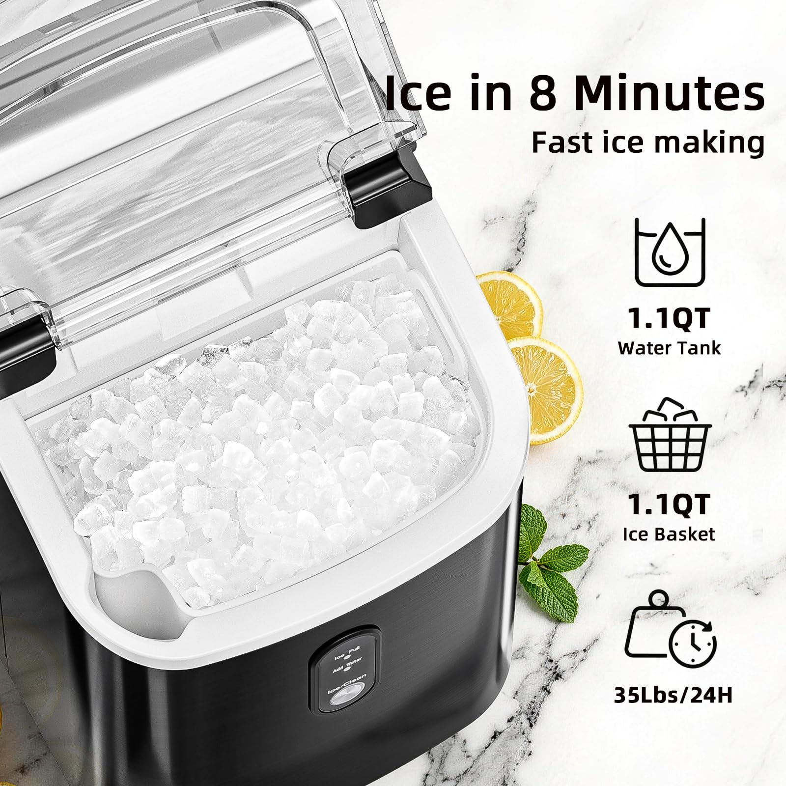 Antarctic Star Nugget Ice Maker Countertop, 35lbs/24H Ice Machine, Soft Chewable Sonic Ice, Self-Cleaning, Fast Ice Ready in 8 Minutes, Compact Design with Handle, Stainless Steel Black